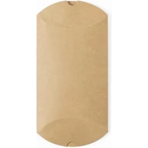 A brown kraft packaging box with a rounded edge design and a small hole for easy opening. It has a logo.