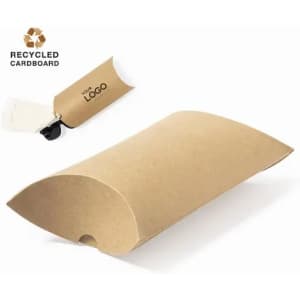 A recycled cardboard pillow box in a natural brown colour, featuring a space for a logo.