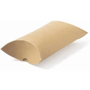 A kraft paper pillow box with a curved design and a small hole for securing contents inside.
