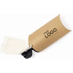 A black drink bottle with a beige tag, featuring a logo and a light-coloured cap.