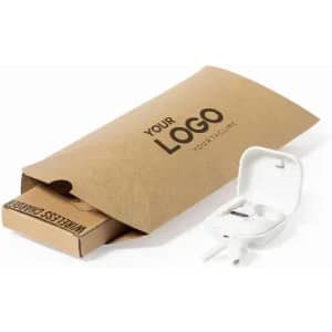 A wireless earbud case in white, placed beside a cardboard packaging featuring a logo.