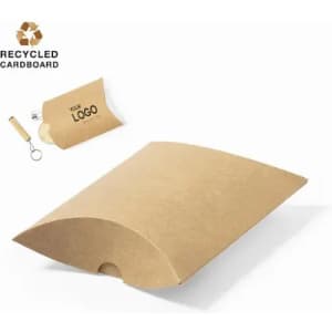A brown recycled cardboard packaging with a curved design and a slot for a logo. It includes a small keychain.
