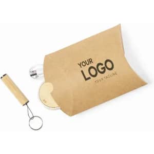 A drink bottle and a keychain in a brown paper pouch featuring a logo. The bottle is clear with a bamboo lid.