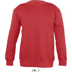 A red children's sweatshirt with long sleeves and a ribbed neckline and hem, featuring a brand logo.