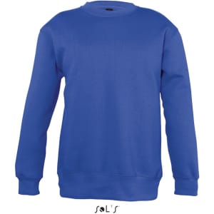 A blue sweatshirt for kids featuring long sleeves and a round neck. It has a logo on the front.