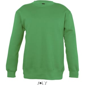 A green sweatshirt for kids with long sleeves and a crew neckline, featuring a small logo on the bottom.