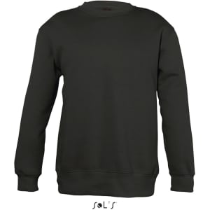 A dark green sweatshirt for kids, featuring a simple design and a logo on the front.