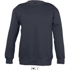 A navy blue sweatshirt for kids featuring a crew neck and a logo on the bottom.