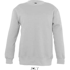 A grey sweatshirt for kids featuring long sleeves and a round neck. The item has a logo.