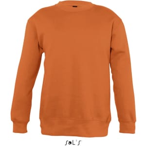 An orange sweatshirt for kids, featuring a classic design and a logo on the front.