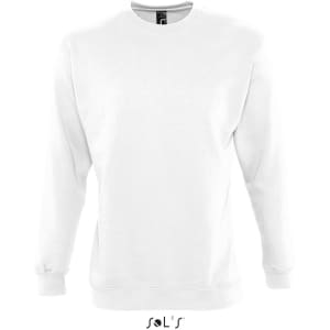 A white unisex sweatshirt featuring a crew neck design and long sleeves, with a logo on the tag.