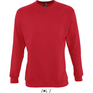 A red unisex sweatshirt featuring long sleeves and a round neck, with a logo on the front.
