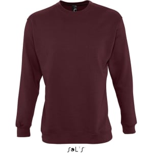 A maroon unisex sweatshirt with a crew neck and long sleeves, featuring a brand logo.