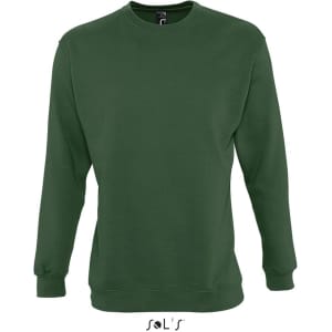 A green unisex sweatshirt with a crew neck and long sleeves, featuring a branding logo.