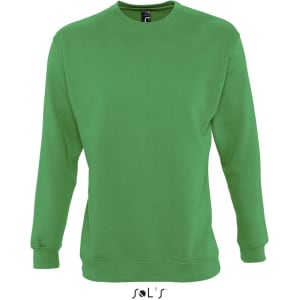 A green unisex sweatshirt with long sleeves and a crew neck. It features a logo on the neckline.