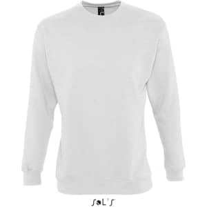 A white unisex sweatshirt with long sleeves and a round neckline, featuring a brand logo.