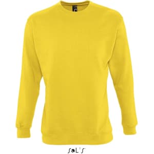 A yellow unisex sweat shirt with a crew neck and long sleeves, featuring a logo.