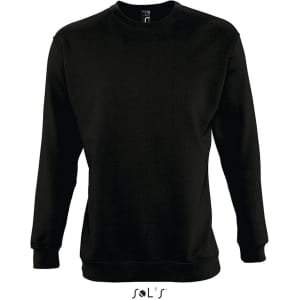 A black unisex sweatshirt with long sleeves and a crew neckline, featuring a logo on the hem.