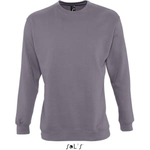A unisex sweat shirt in a soft grey colour, featuring long sleeves and a casual crew neck, with a logo on the label.