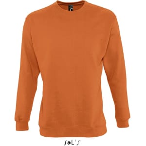 An orange unisex sweatshirt with long sleeves and a crew neck, featuring a brand logo.