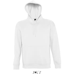 A white unisex hoodie made of 50% cotton and 50% polyester, featuring a front pouch pocket and a logo.