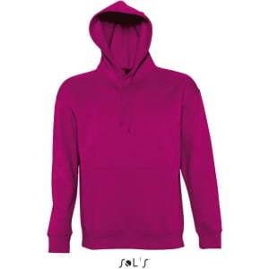 A unisex hoodie in a vibrant magenta, made from 50% cotton and 50% polyester, featuring a front pocket and hood.