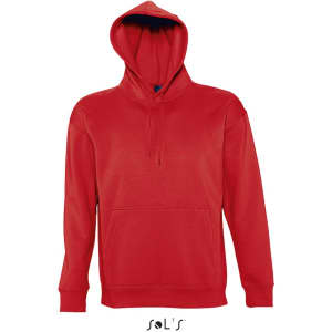A red unisex hoodie made from 50% cotton and 50% polyester, featuring a front pocket and a hood.