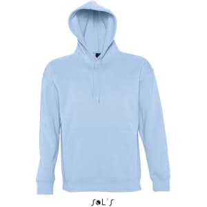 A light blue unisex hoodie made of 50% cotton and 50% polyester, featuring a front pocket and a hood.