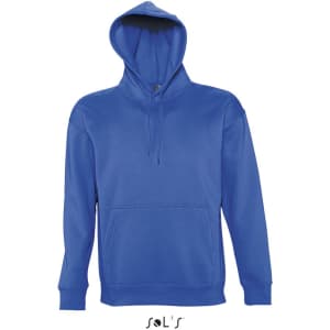 A blue unisex hoodie made of 50% cotton and 50% polyester, featuring a front pocket and a hood.