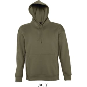 A unisex hoodie in olive green, made from 50% cotton and 50% polyester, featuring a front pocket and a hood.