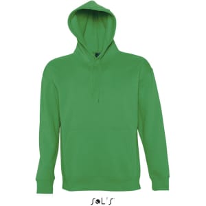 A green unisex hoodie made of 50% cotton and 50% polyester, featuring a front pocket and a hood.