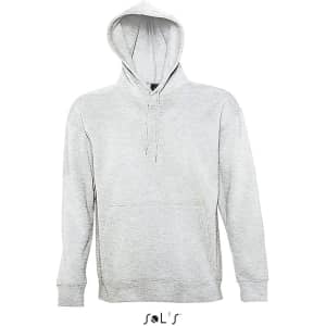 A unisex hoodie in light grey, featuring a kangaroo pocket and a hood. It has a logo on the front.