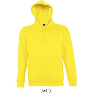 A yellow unisex hoodie made from 50% cotton and 50% polyester, featuring a front pocket and a hood.