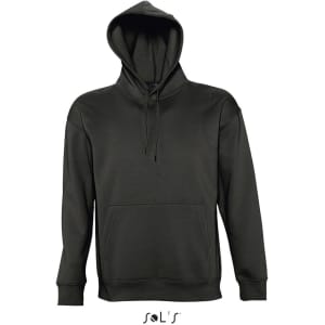 A unisex hoodie in dark green, made from 50% cotton and 50% polyester, featuring a front pocket and a hood.