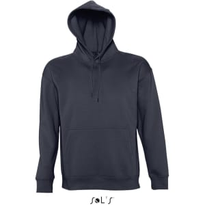 A dark navy unisex hoodie made from 50% cotton and 50% polyester, featuring a front pocket and a hood.