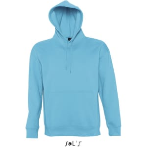 A light blue unisex hoodie made of 50% cotton and 50% polyester, featuring a front pocket and a hood.