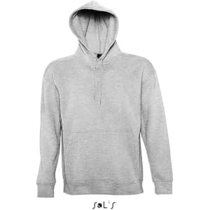 A grey unisex hoodie made of 50% cotton and 50% polyester, featuring a front pocket and a hood.