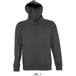 A grey unisex hoodie made from 50% cotton and 50% polyester, featuring a front pouch pocket and a hood.