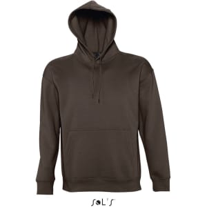 A unisex hoodie in dark brown, made from 50% cotton and 50% polyester, featuring a front pocket and hood.