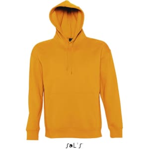 A unisex hoodie in bright yellow with a front pocket and a hood. It features a logo on the side.