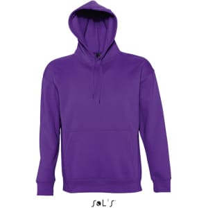 A unisex hoodie in a vibrant purple colour with a front pouch pocket and a hood. The garment has a logo.