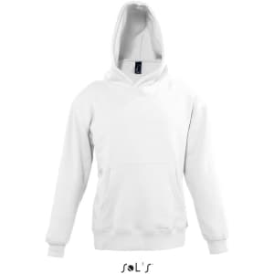 A white hoodie made of 50% cotton and 50% polyester, featuring a front pouch pocket and a hood. It has a logo.