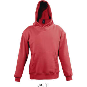 A red hoodie made from 50% cotton and 50% polyester, featuring a front pocket and a large hood.