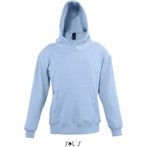 A light blue hoodie featuring a front pocket and a hood, made of 50% cotton and 50% polyester. It has a logo.