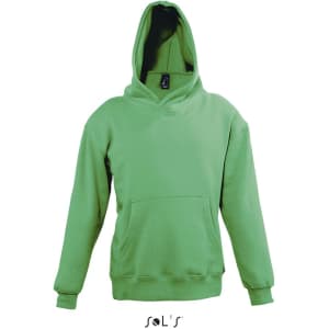 A green hoodie featuring a front pocket and a hood, made of 50% cotton and 50% polyester, with a logo.