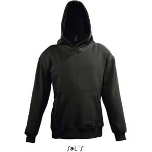 A black hoodie featuring a front pocket and a large hood, made of 50% cotton and 50% polyester. It has a logo.