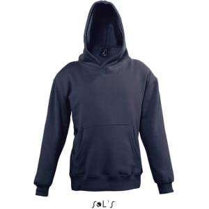 A dark navy hoodie with a front pouch pocket and a drawstring hood, featuring a branding logo.