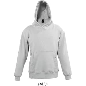 A grey hoodie featuring a front pocket and a hood, made from 50% cotton and 50% polyester, with a logo.
