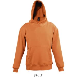 A hooded sweatshirt in a vibrant orange colour, made from 50% cotton and 50% polyester, featuring a front pocket and a logo.