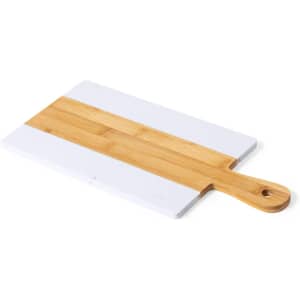 A chopping board featuring a white surface with a bamboo section and a handle.